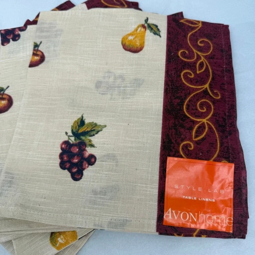 Avon Cloth Napkins Home Style Lab 6pc NEW Table Linens Fruit Print Scroll Edge